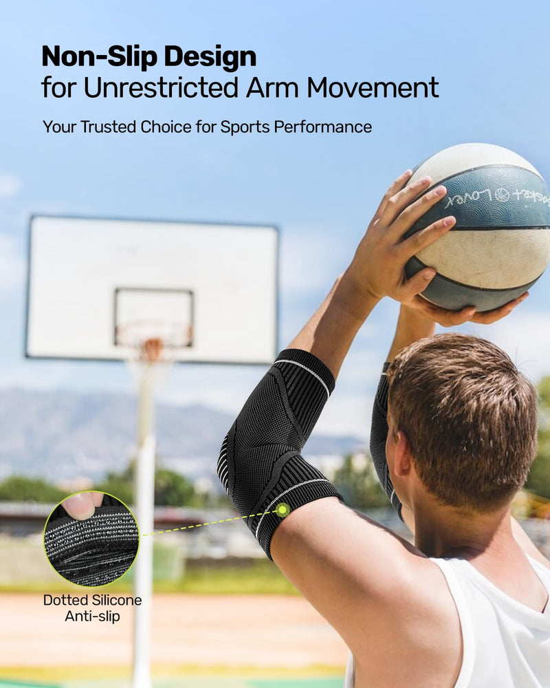 [Australia] - Elbow Compression Sleeve 2 Pack, High Elastic Elbow Brace for Tendonitis and Tennis Elbow for Women & Men, Elbow Sleeve for Tennis, Golfer, Badminton, Weightlifting, Grey M Black Medium 