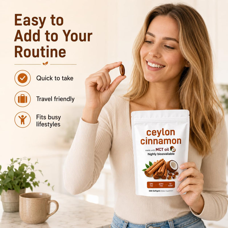 Ceylon Cinnamon Capsules with MCT Oil, 300 Softgels – Cinnamomum Verum Extract 600mg Per Daily Serving, High Absorption Softgels, Non GMO & Gluten Free Cinnamon Food Supplement, 100 Day Supply