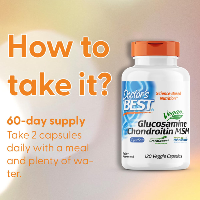 Doctor's Best, Vegan Glucosamine Chondroitin MSM, High Dose, 120 Vegan Capsules, Lab-Tested, Gluten-Free, Vegetarian, Soy-Free, Non-GMO