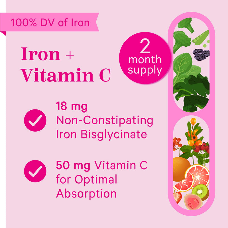 [Australia] - Pink Stork Prenatal Iron Supplement for Women - 18 mg Non-Constipating Iron & Vitamin C for Pregnancy, Postpartum, & Breastfeeding - Focus, Fatigue, & Blood Cell Production - 2 Month Supply 