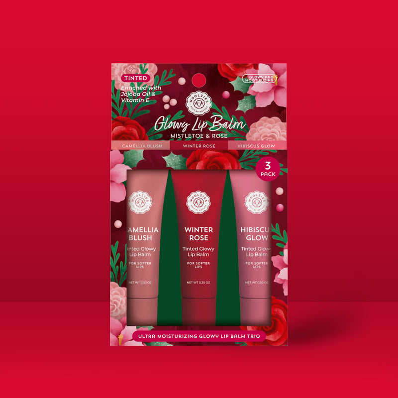 Tinted Glowy Lip Balm Trio – Natural Hydrating Lip Care Set with Vitamin E, Cocoa Butter & Jojoba Oil – Moisturizing, Vegan, Cruelty-Free Lip Balms for Soft, Smooth Lips (3 Pack, Mistletoe & Rose) 1 Count (Pack of 3)