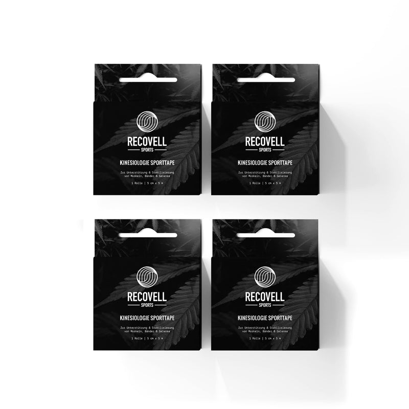 Recovell Kinesiology Sports Tape 4 Rolls Black 5 cm x 5 m for Support and Stabilisation I Waterproof Tape for Muscle Tapes and Joints I Tape Self-Adhesive I Elastic Tape
