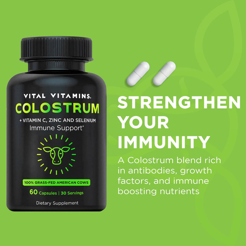 Vital Vitamins Colostrum Supplement, 30% IgG, Grass-Fed Bovine, 60 Capsules | Supports Immune Defense & Gut Health, Colostrum with Vitamin C, Zinc, & Selenium, Non-GMO 60 Count (Pack of 1)