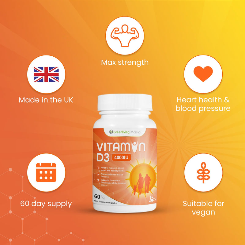 Vitamin D3 4000 IU High Strength | Immune Support, Strong Bones, Teeth & Muscles | Vegetarian Vitamin D Supplements | UK Made VIT D3 Capsules
