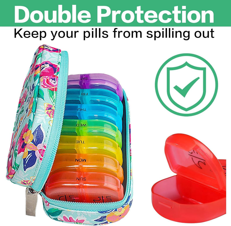 Serfeymi Weekly Travel Pill Organizer 2 Times a Day AM PM Rainbow Pill Box | Medicine Organizer with Portable Zipper PU Leather Pill Case,Pill Organizer 7 Day for Vitamins, Supplements，Pills - Green 01 B Pu Green 01 1 Set PU Case