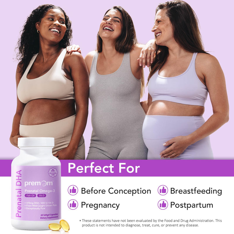 [Australia] - Premom Prenatal DHA Fish Oil: Triglyceride Omega 3 with 470mg DHA, 200mg EPA + 400 IU Vit D3 Supplement - Fertility Support for Women - Globally Sourced from Wild Caught Fish 