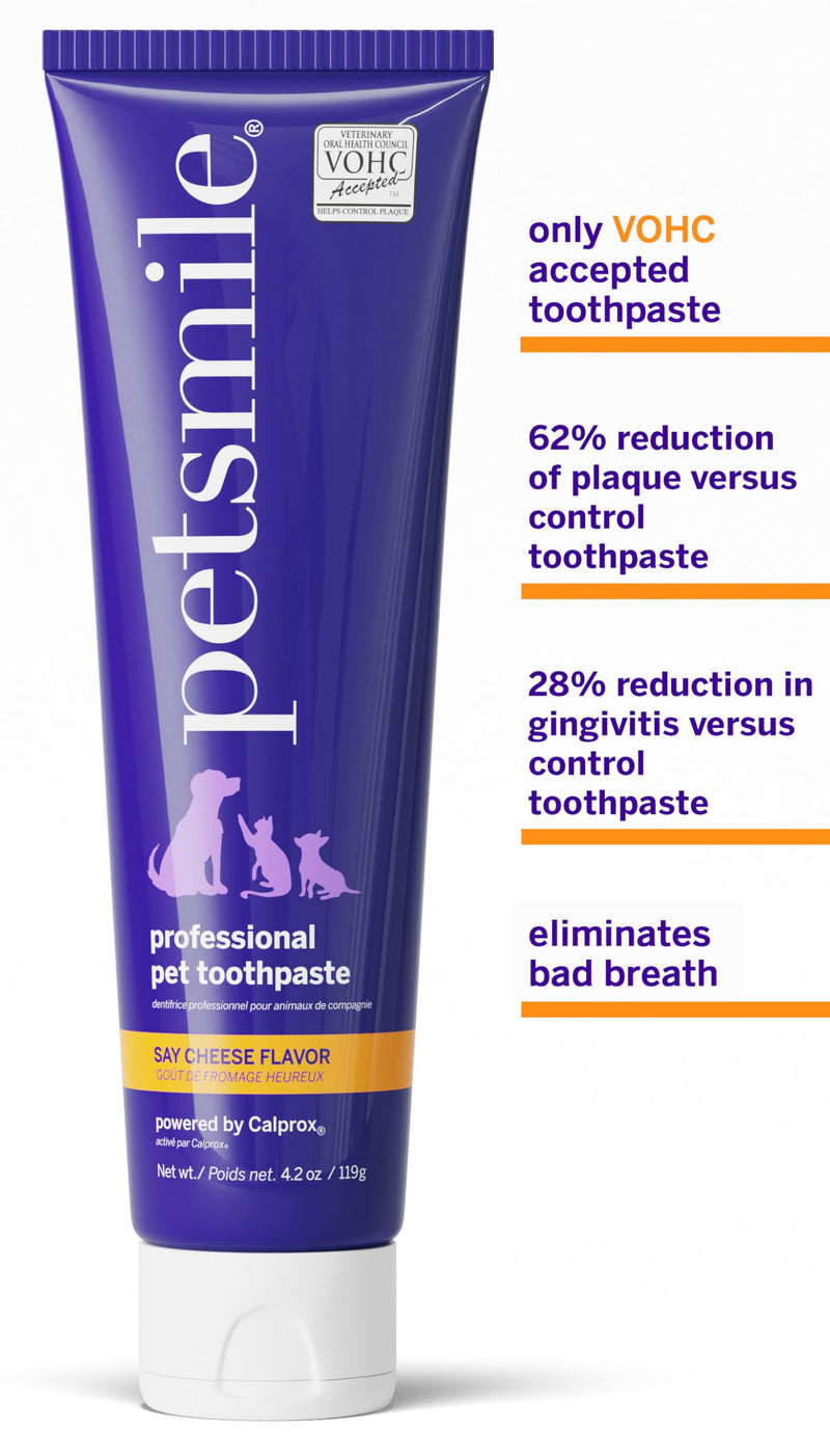 [Australia] - Petsmile Professional Pet Teeth Brushing Kit for Cats & Dogs - Only VOHC Accepted Toothpaste & Patented Toothbrush - Proven to Control Plaque & Tartar Calprox Formula (Say Cheese, 4.2 Oz) Say Cheese 4.2 Ounce (Pack of 1) 