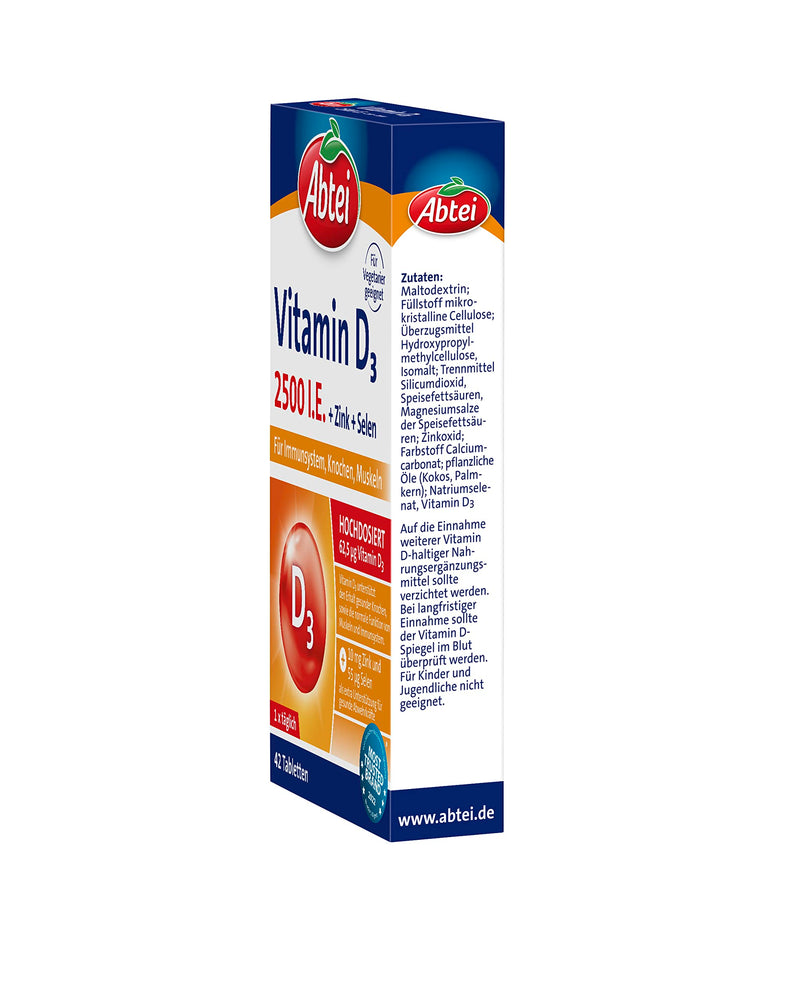 [Australia] - Abtei Vitamin D3 Forte Plus - with zinc and selenium to maintain healthy bones, teeth and support the immune system - 42 tablets 53 g, number of pieces 1 30 g (pack of 1) 