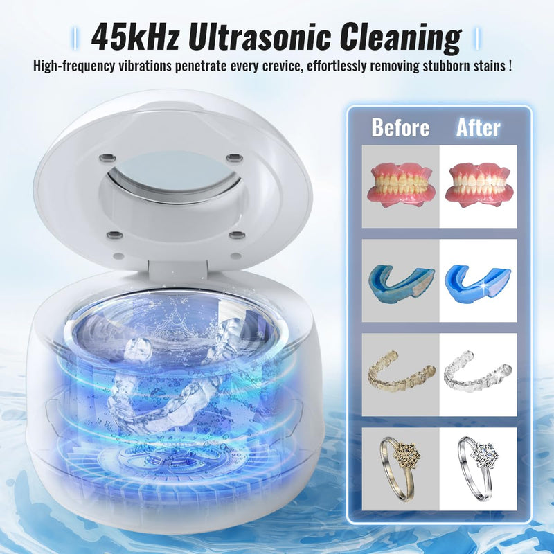 [Australia] - Ultrasonic Retainer Cleaner Machine, 45kHz Retainer Cleaner with UV-C Light and Cleaning Tablets, Capacity 200ML, Portable Dental Cleaning Pod for Dentures Night Mouth Guards Aligner Braces Jewelry 