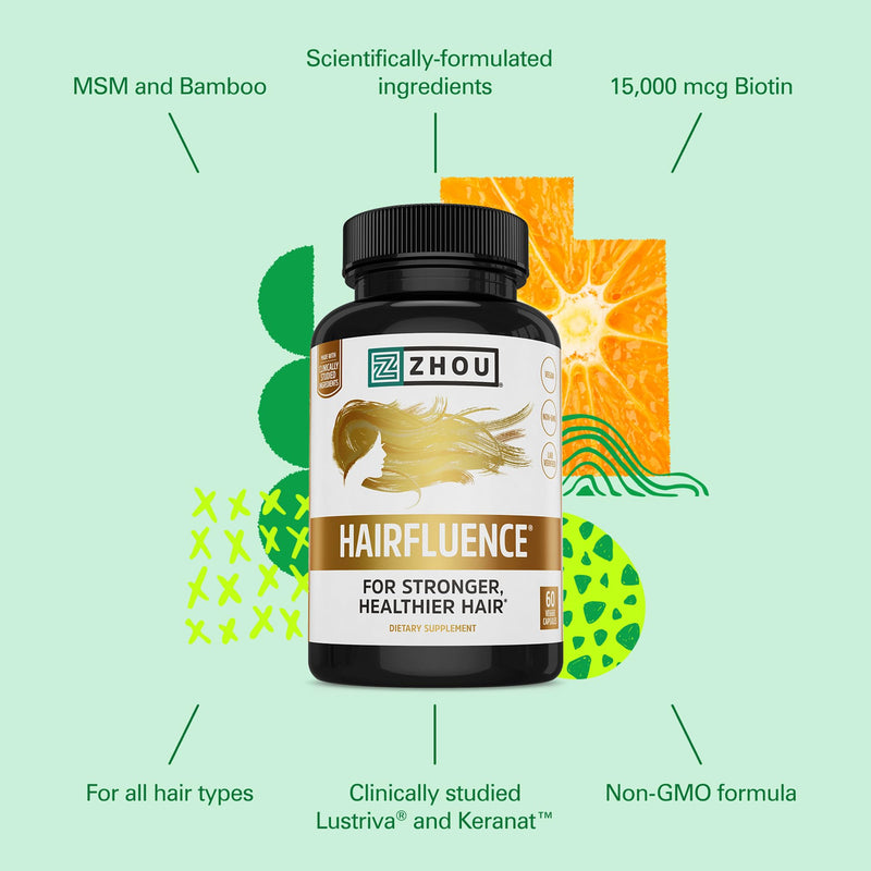 Zhou Hairfluence Supplement - 60 Veggie Capsules (Pack of 1) | Vegan Biotin Supplement for Hair Growth for Men & Women, Supports Stronger & Healthier Hair & Nails 60 Count (Pack of 1)
