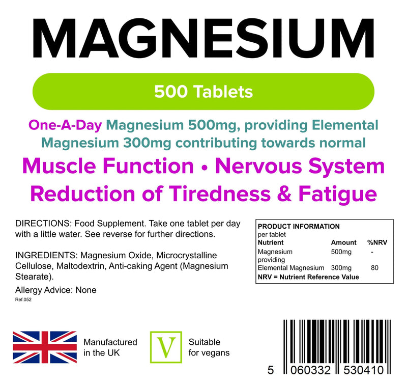 Lindens - Magnesium 500mg - 500 Tablets - UK Made, Reduces Tiredness & Fatigue, Supports Muscle & Nervous System Function - Bones & Teeth Health - Vegan, GMP & Letterbox Friendly 500 Tablets (Pack of 1)