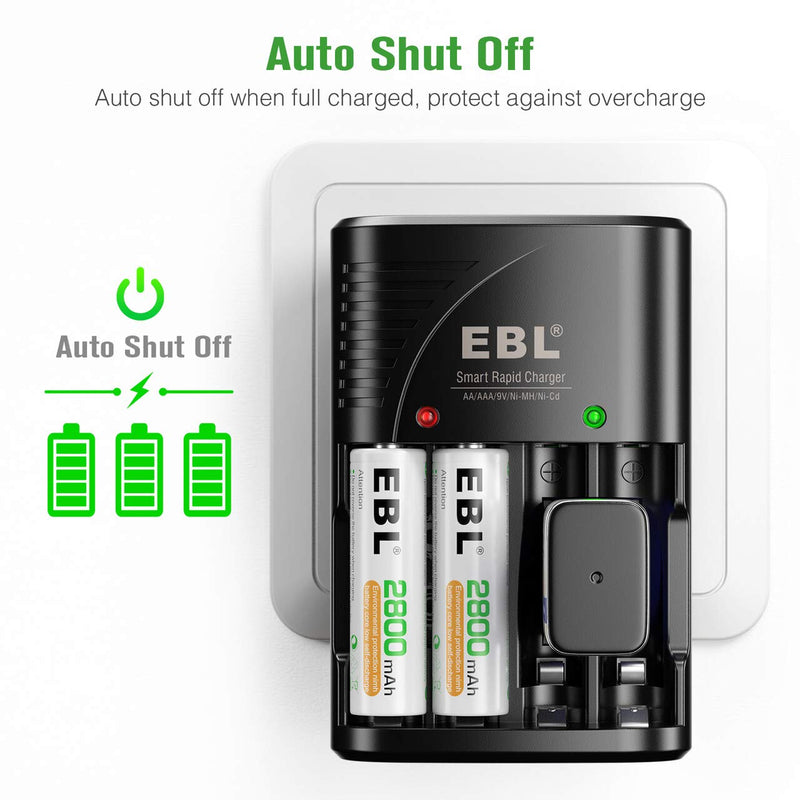 EBL Rechargeable AA Batteries 4 Pack, Precharged Double A Battery 2800mAh and AA AAA Battery Charger with Foldable Wall Plug 4AA Battery + Charger