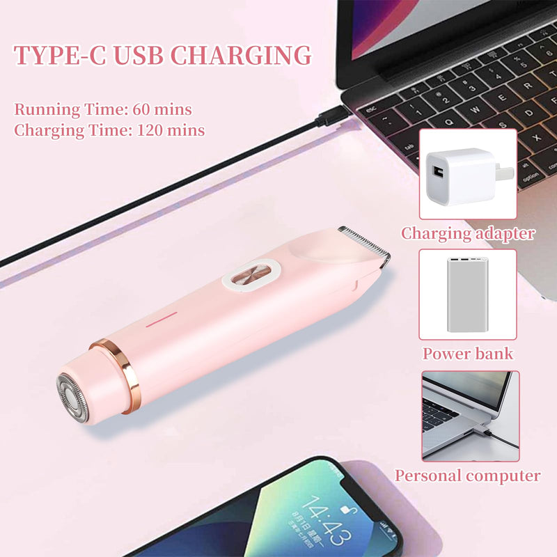 [Australia] - QNHMPW Bikini Trimmer for Women,Electric Razors for Women,2-in-1 Dual Head Shaver- Wet/Dry Shaver Groomer, Waterproof Hygiene Razor Used for Face, Underarm, Leg, Bikini Area(Pink) Pink 