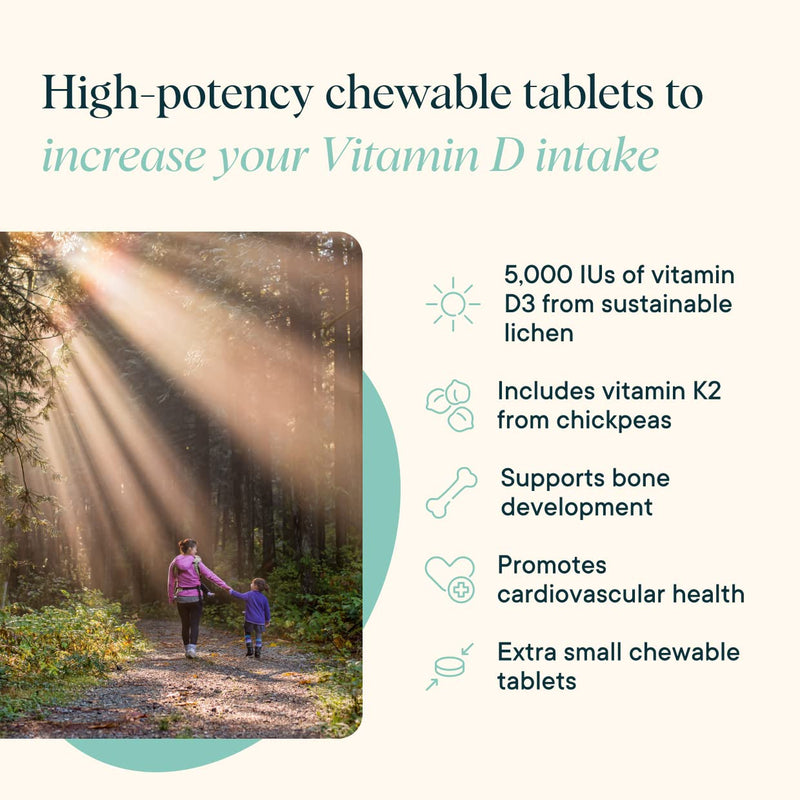 Ora Organic Vitamin D3 5000IU + K2 - Vegan Vitamin D from Lichen and K2 from Chickpeas for Bone Health, Immune Support, & Mood, Maximum Absorption - 1 Month Supply, 30 Chewable Tablets (Pack of 2) 1 Count (Pack of 60) Organic Tablets - 5000 IU