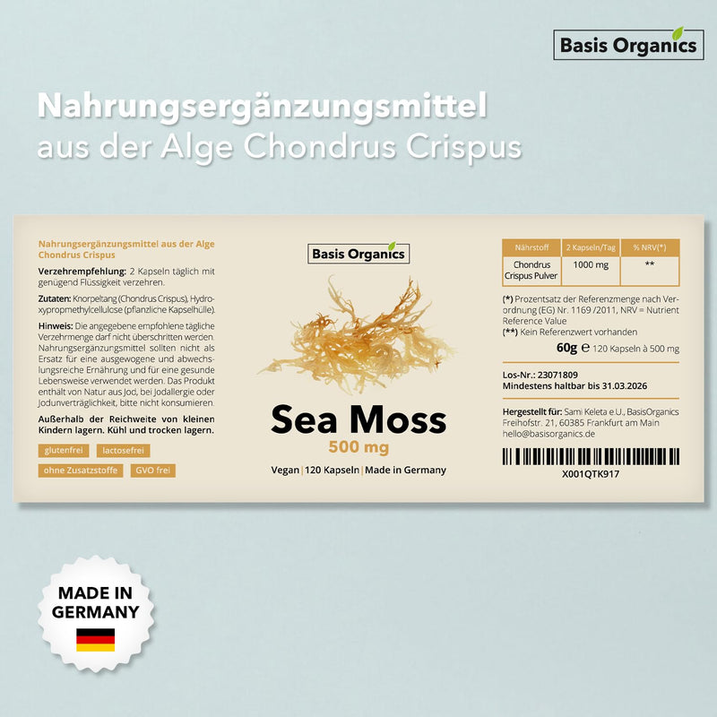 [Australia] - Sea Moss capsules from the alga Irish Moss - 100% natural cartilage kelp, sea moss from wild collection - Stimulates hair growth - Produced & laboratory tested in Germany - 120 capsules (60 days) 