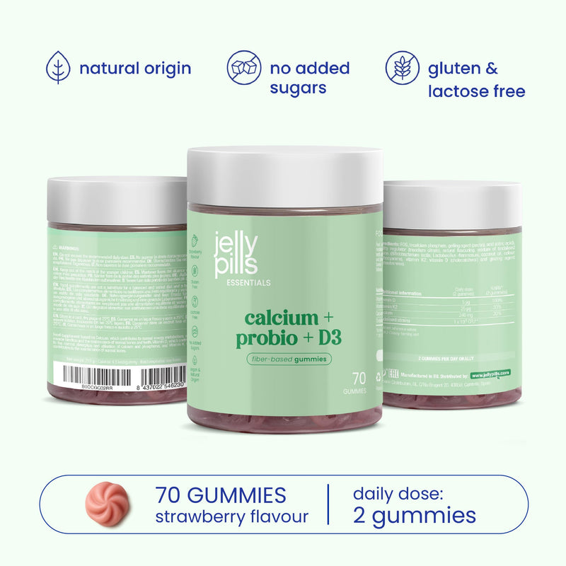 Jelly Pills Calcium 240 mg Gummies with Vitamin D3, K2 and Probiotics - 70 Vegan Gummies - No Added Sugar - Strawberry Flavour - Bones, Teeth & Digestion