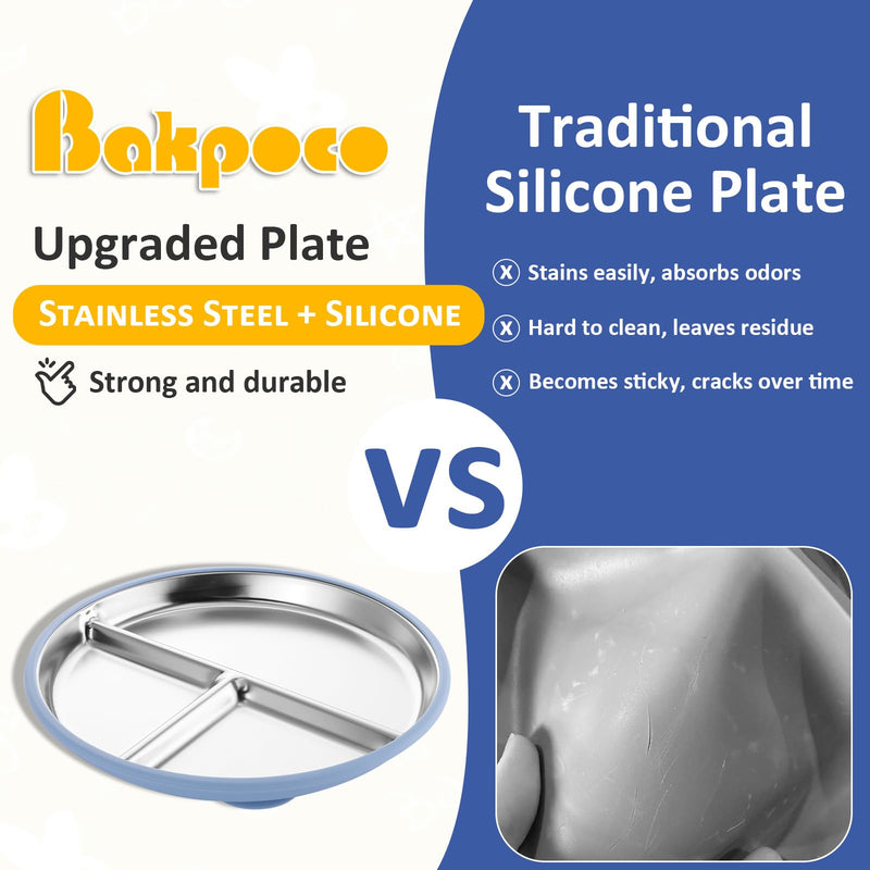 [Australia] - Stainless Steel Toddler Plate with Suction, 9‚Äù Divided Plates with Removable Silicone Sleeves for Kids, Non Toxic & BPA Free | Non Slip | Unbreakable Baby Snack Dishes Set of 2, Blue & Gray Suction- Blue & Gray 9" Round - 2 Packs 