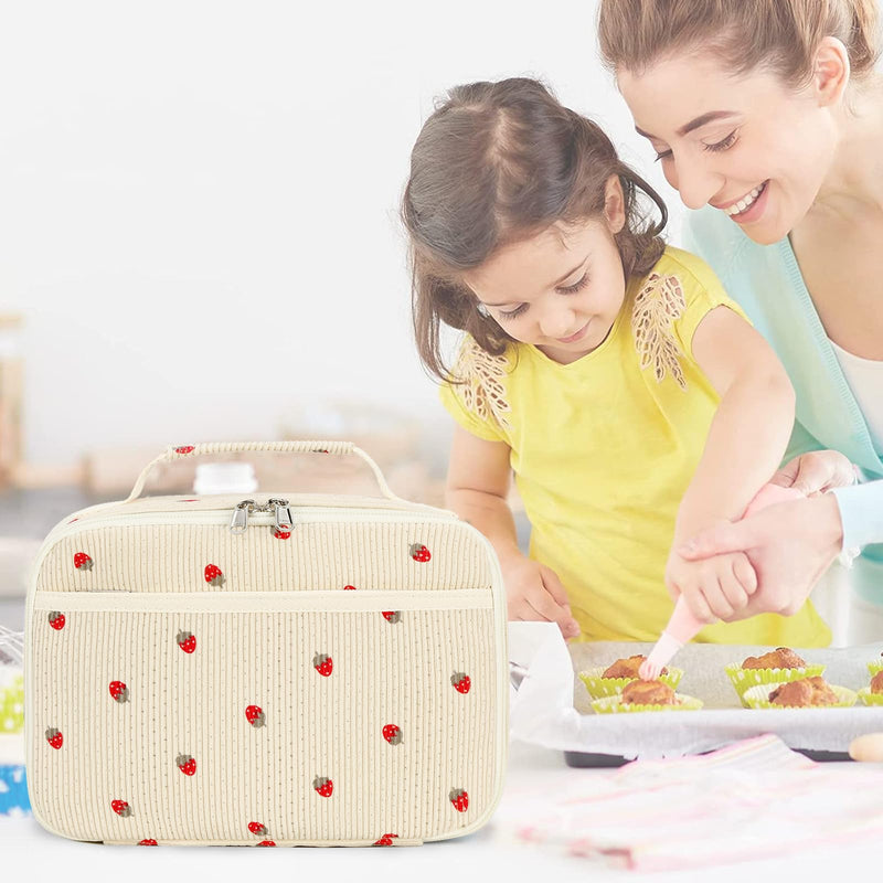 [Australia] - Bluboon Corduroy Insulated Lunch Bag for Girls - Strawberry Beige School Lunch Tote with Cooler Compartment Corduroy-strawberry 