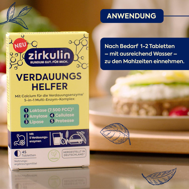 [Australia] - Zirkulin digestive aid 1x 45 tablets - 5 in 1 multi-enzyme complex with 7,500 FCC lactase - supports digestion & carefree enjoyment - dietary supplement with lactase, cellulase & calcium 45 pieces (pack of 1) 