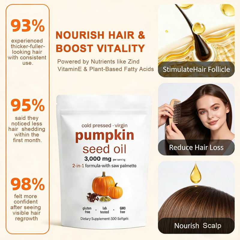 Pumpkin Seed Oil Capsules 300 Softgels, Pumpkin and SeedOil 2 in 1 for Hair Growth,Cold Pressed, Pure Virgin Oil,Good for hair health,Non-GMO,PumpkinSeed Herbal Supplement