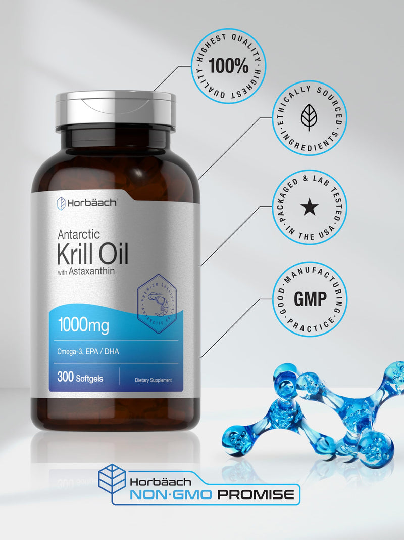 Horbäach Antarctic Krill Oil 1000mg | 300 Softgel Capsules | Omega 3, EPA, DHA Supplement | with Astaxanthin | Value Size | Non-GMO, Gluten Free