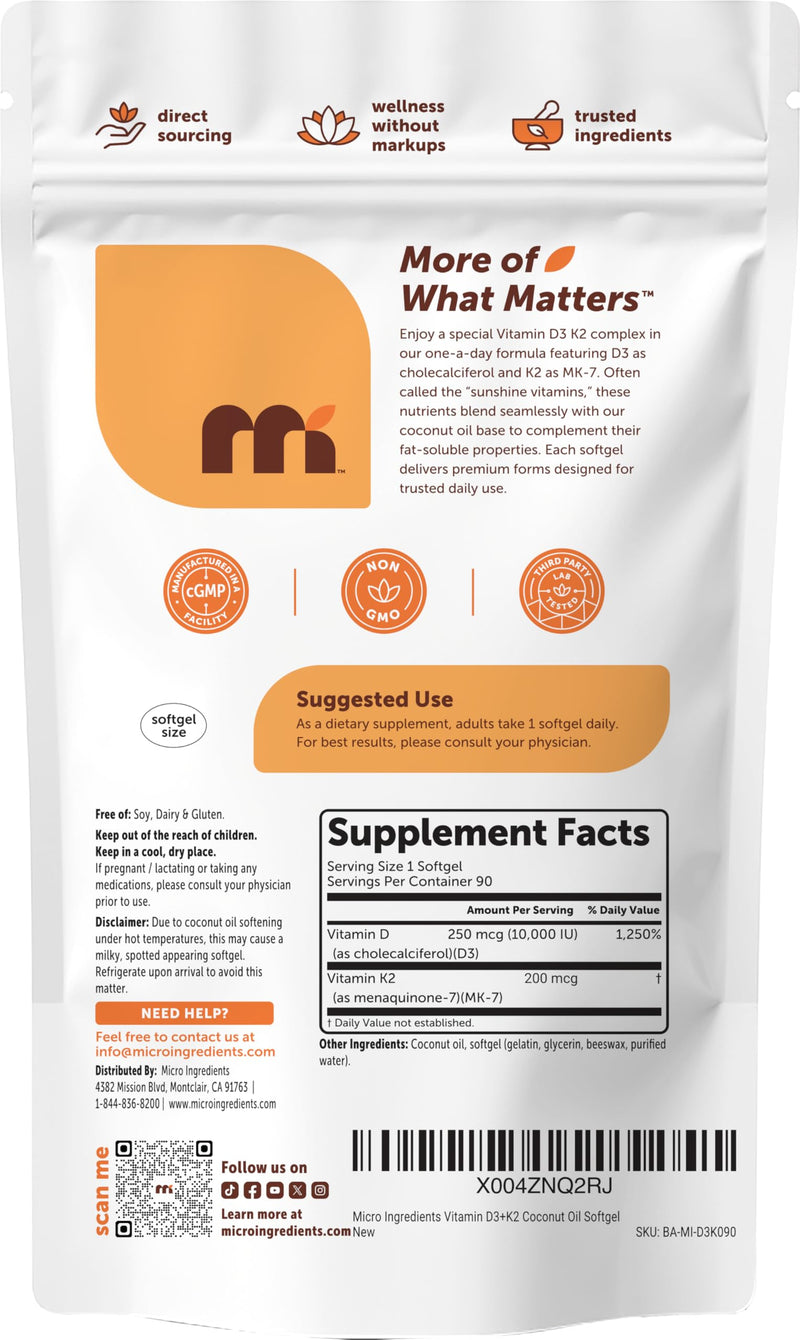 Micro Ingredients Vitamin D3 10,000 IU + K2 MK-7 200 mcg Per Serving, 90 Softgels | Extra Strength* 2-in-1 D3 K2 Supplement | Easy-to-Swallow Softgels Made with Coconut Oil | Non-GMO, Gluten Free 90 Count (Pack of 1)