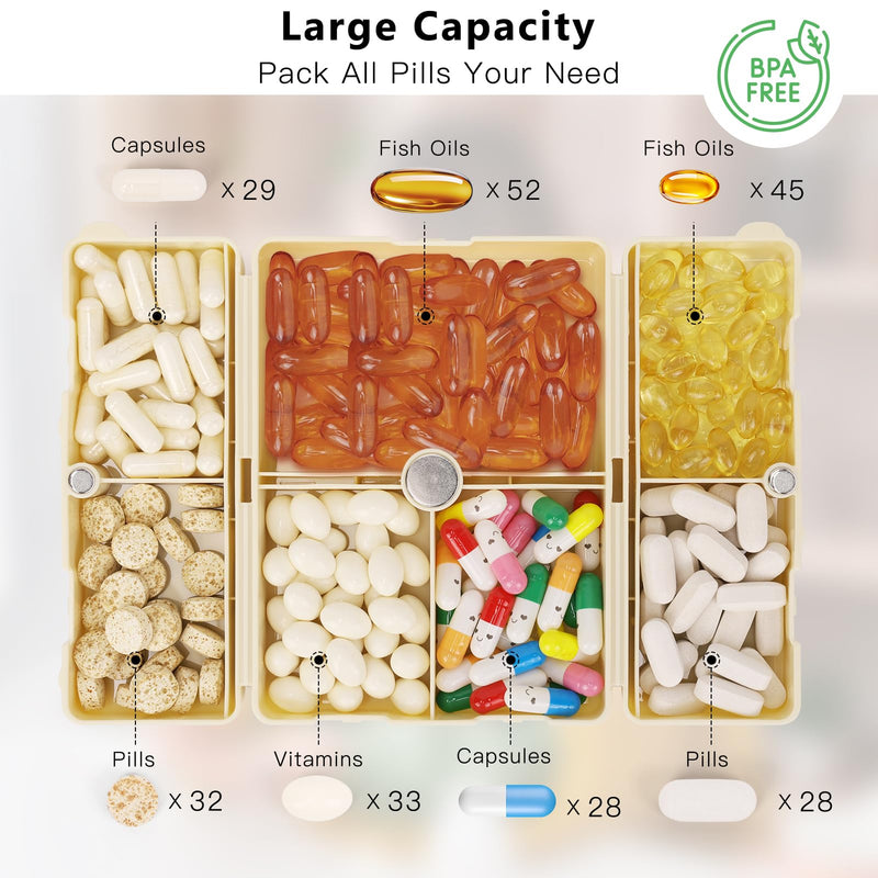 FYY Travel Pill Organizer, Pill Box Medicine Case-2pcs Beige | Easy to Use, Privacy Protection,Magnetic Foldable Pill Case for Purse or Pocket to Hold Vitamins,Supplements,Medication,2 Pcs Large (1 Piece), Small (1 Piece)