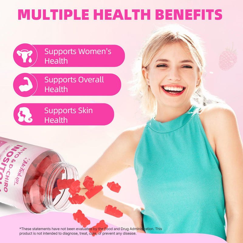 Myo-Inositol & D-Chiro Inositol Gummies, Ideal 40:1 Ratio Supplement for Women with Vitamin D3 & B12 for Support Hormonal Balance & Wellness, Sugar Free, Raspberry, 60 Count 60 Count (Pack of 1)