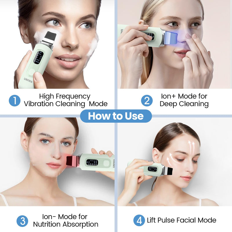 UNIWA Skin Scrubber Face Spatula, Skin Scrubber Pore Cleaner Blackhead Remover Tool for Deep Facial Cleansing - 4 Modes, Face Spatula with USB Charger, LCD Display, IPX7 Waterproof -Green