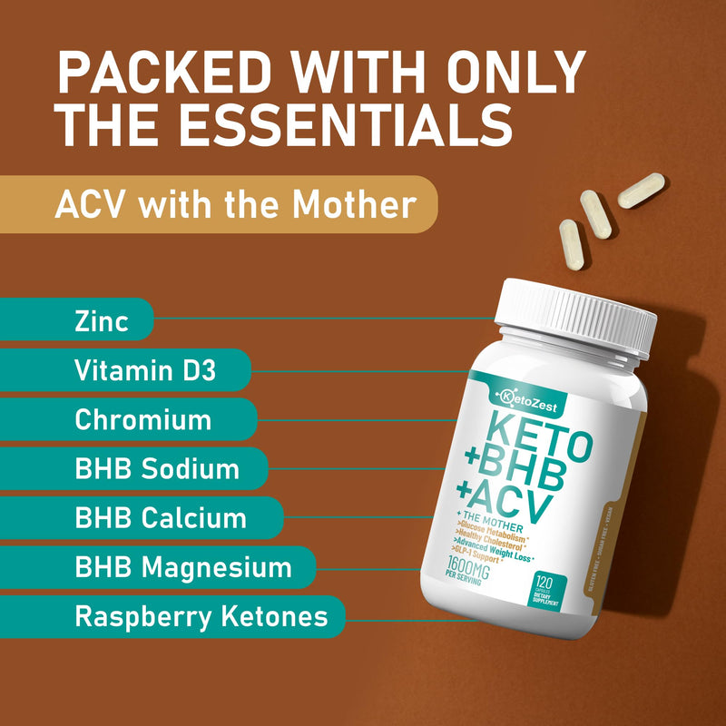 [Australia] - Keto ACV BHB Capsules 1600mg for Advanced Weight Loss & Belly Fat Burn - Organic Apple Cider Vinegar with The Mother Ketones Vegan Supplement - with Vitamin D3 Zinc Chromium for Men Women 120 Count (Pack of 1) 