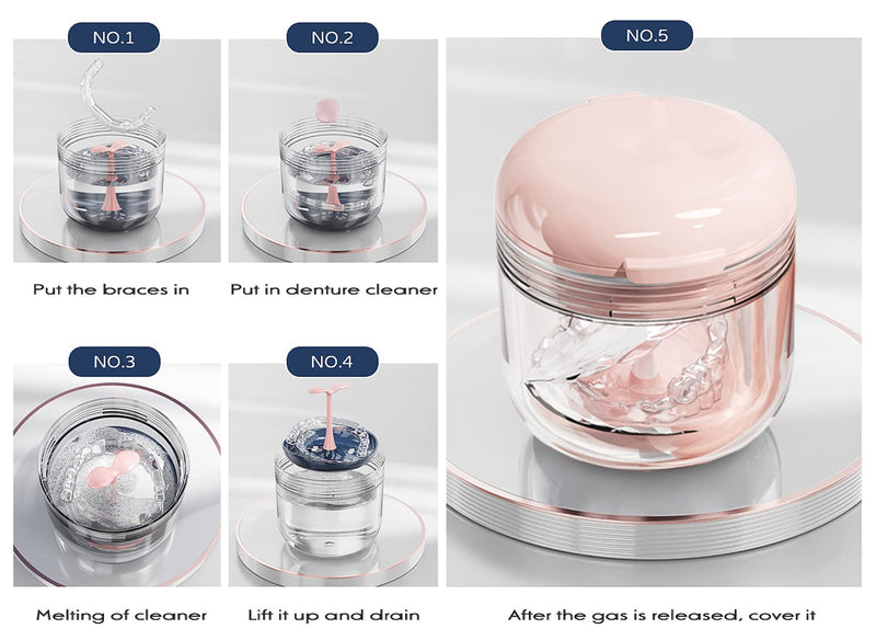 [Australia] - MURRI&MURRDI Retainer Case, Denture Bath Box with Strainer Basket, Mouth Guard Case, Braces Cleaner Cup, Cute Denture Holder Retainer Storage Soak Container for Travel (Pink) Pink 