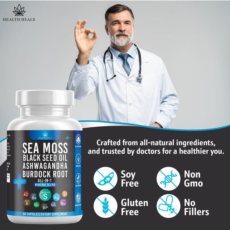 [Australia] - Sea Moss 3000 Black Seed Oil 2000 Ashwagandha 1000 Bladderwrack 1000 Burdock 1000-120 Count 60 Count (Pack of 2) 