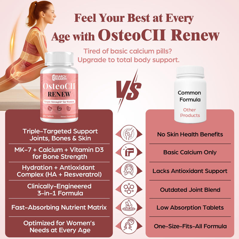 [Australia] - Joint Supplements for Women OsteoCII Renew Triple Strength – Advanced Joint, Bone & Skin Formula – Collagen, Glucosamine, Chondroitin, Calcium, MK-7, Vitamin D3, Hyaluronic Acid, 180 Tablets 180 Count (Pack of 1) 