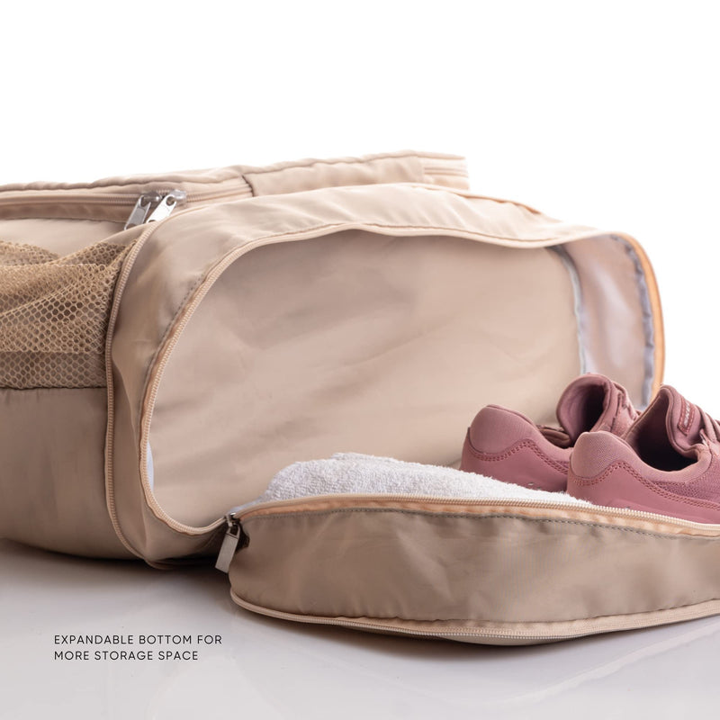 Large Travel Bag - Foldable & Expandable Carry-On Bag with Shoe Compartment, Water Bottle Pocket, Luggage Sleeve, Cosmetic Case Beige