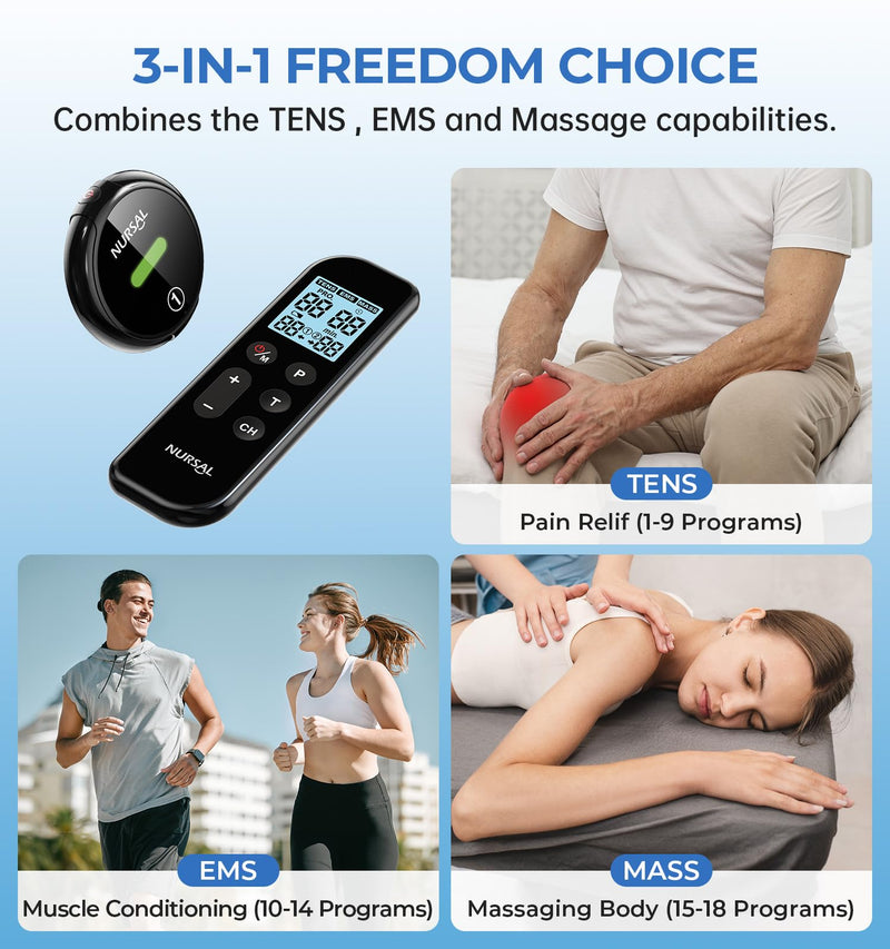 [Australia] - NURSAL Wireless TENS Unit Muscle Stimulator, Dual Host TENS EMS Machine for Pain Relief, 18 Modes 20 Intensity Remote Control Pulse Physical Electrotherapy for Back Shoulder Pain (2 Pads) Black 