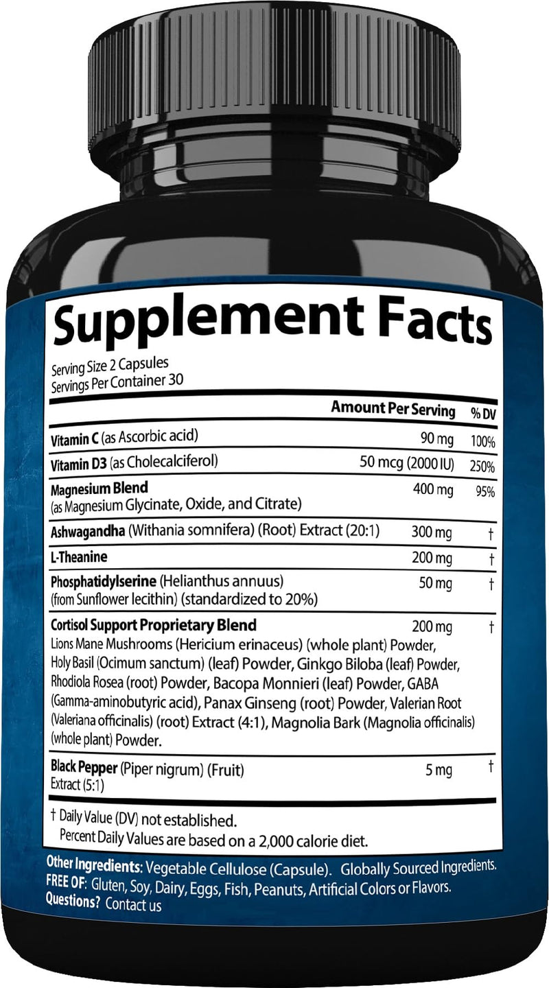 StrongVit Cortisol Supplements for Women and Men with Magnesium, Ashwagandha & L-Theanine. High Cortisol Reducer, Manager, Detox, Lower and Control. Sleep Support & Stress Relief, USA 60 Count (Pack of 1)