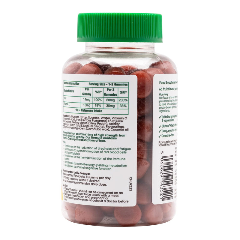 Chewy Vites Adult High Strength Iron, 60 Vitamin Gummies, 14mg Ferrous Fumerate Iron Gummies with Vitamin C, 2 Months Supply, Real Fruit Juice, Vegan, Peach Flavour