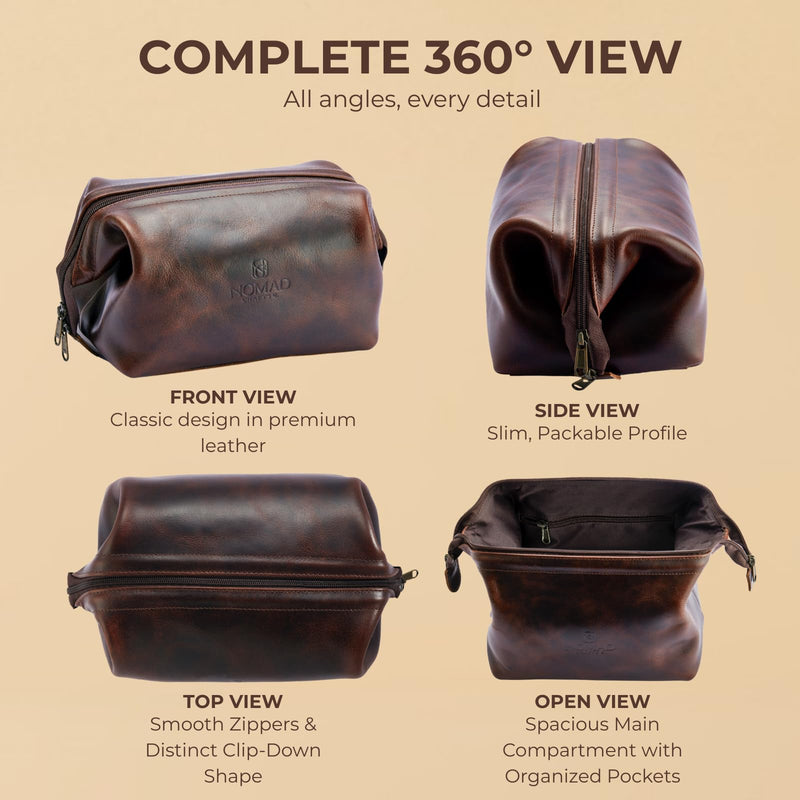 NomadCraftsCo. Premium Leather Travel Toiletry Bag for Men and Women, King-Size Dopp Kit with Waterproof Lining, Mens Toiletry Travel Bag Brown