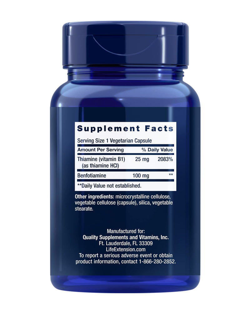 Life Extension Benfotiamine with Thiamine, 100 mg benfotiamine, Cardiovascular Health, Brain Health, Non-GMO, Gluten-Free, 120 Vegetarian Capsules 120 Count (Pack of 1)