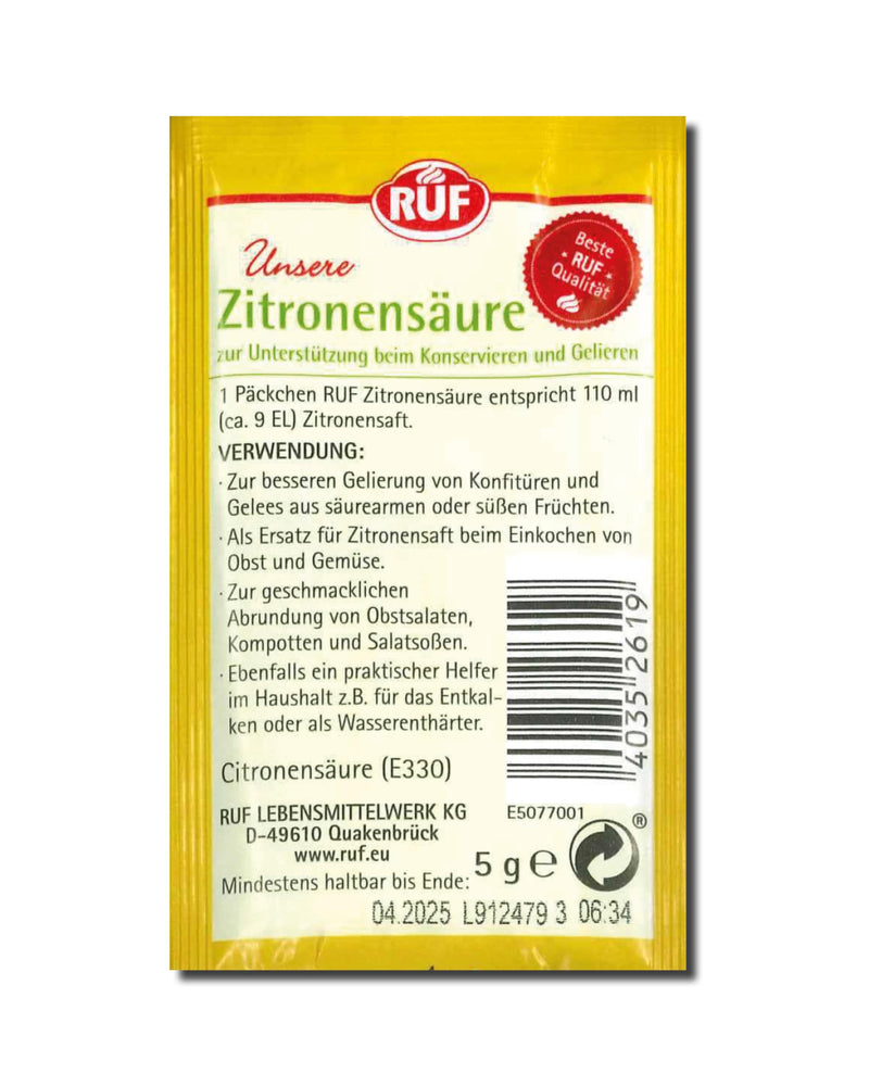 [Australia] - RUF citric acid, for gelling and preserving jams, as a flavor rounder for fruit salads and salad dressings, for cleaning and descaling, 6 x 5g, 1 pack of 6x5g 