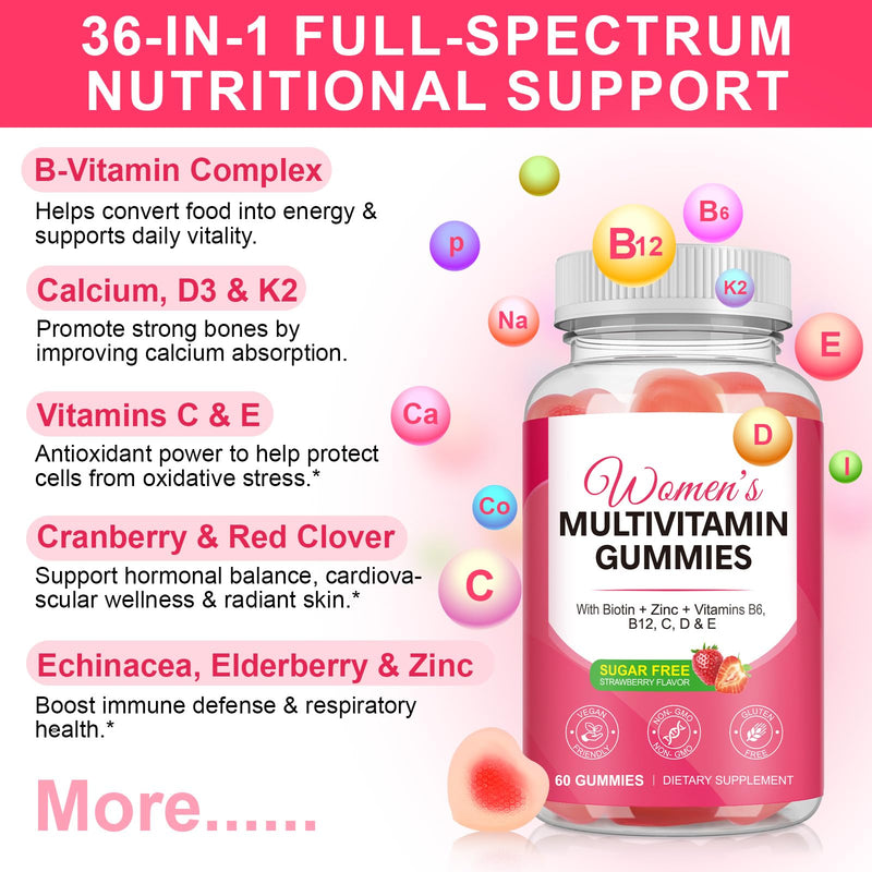 Multivitamin Gummies Women 60 Gummies - Essential Vitamins & Minerals, Sugar-Free Formula, Vegan Friendly, Strawberry