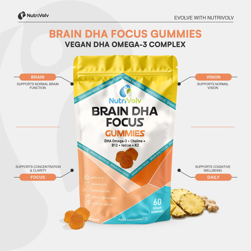 Brain DHA Focus Gummies | 60 Vegan Gummies | Omega 3 DHA from Algae Oil, Choline, B12, Iodine & K2 MK-7 | Peach & Mango Flavour | Brain & Cognitive Support | 30 Days Supply | UK Made | by NutriVolv