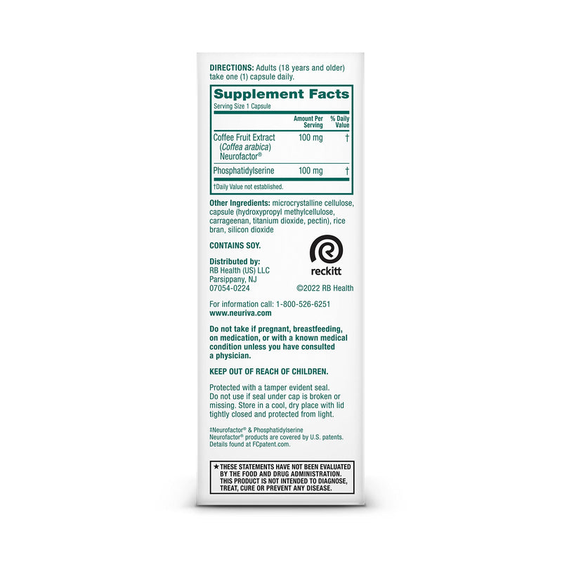 [Australia] - NEURIVA Original Decaffeinated Clinically Tested Nootropic Brain Supplement for Memory, Focus & Concentration, NeuroFactor & Phosphatidylserine, 28ct Capsules 