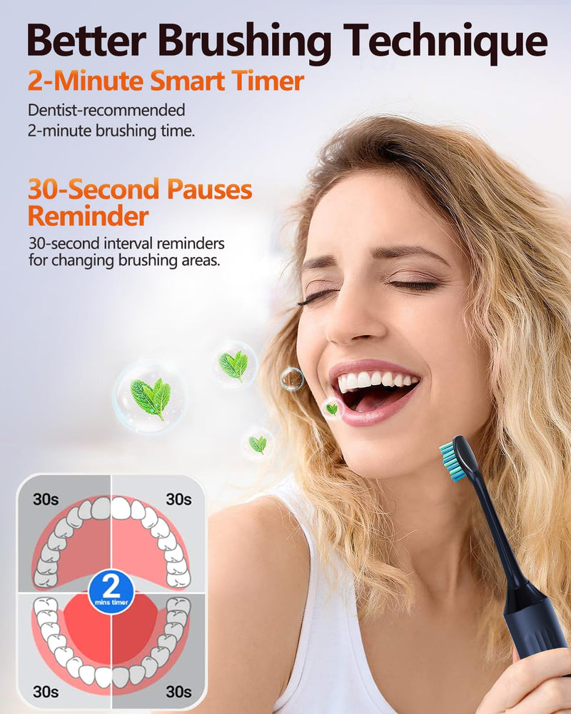 [Australia] - Electric Toothbrush for Adults, Sonic Electric Toothbrush with 3 Intensity Levels & 5 Modes, One Charge for 60 Days, Rechargeable Toothbrush with 6 Toothbrush Heads & 40,000 VPM Deep Clean(Blue) Blue 