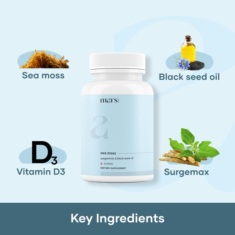 Mars by GHC Sea Moss Caps Surge Natural (60N) | Packed with 84 Essential Minerals | Powered with Black Seed Oil, Ashwagandha & Vitamin D3 | Overall Well-Being (Pack of 1) 60 count (Pack of 2)