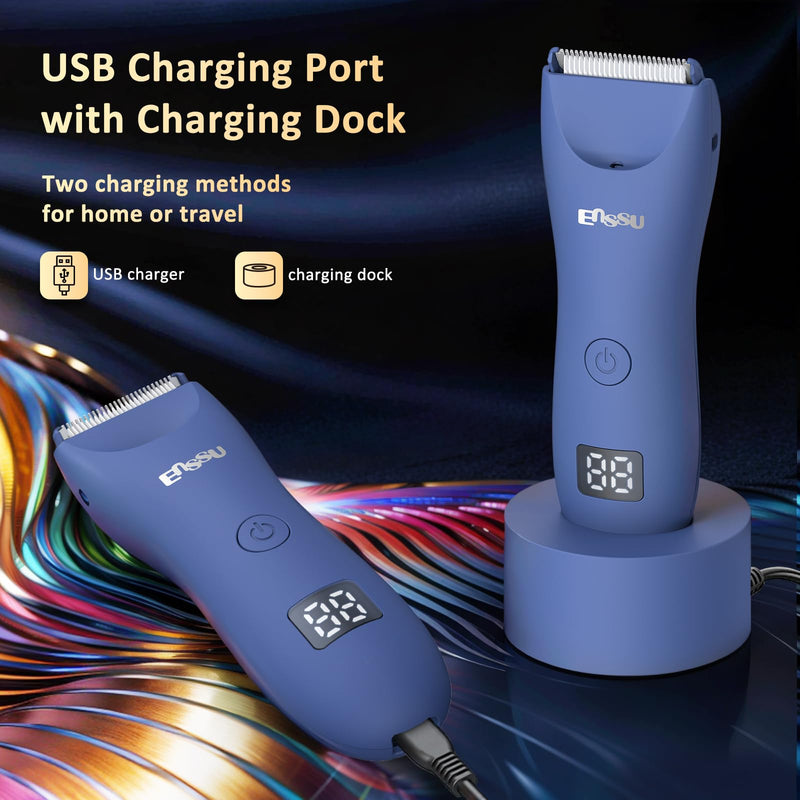 [Australia] - Body Hair Trimmer for Men with Light, IPX7 Waterproof Ball Pubic Groin Hair Trimmer for Man with Ceramic Blade, Rechargeable Body Groomer for Men with Charing Dock,LED Display,Blue Blue 