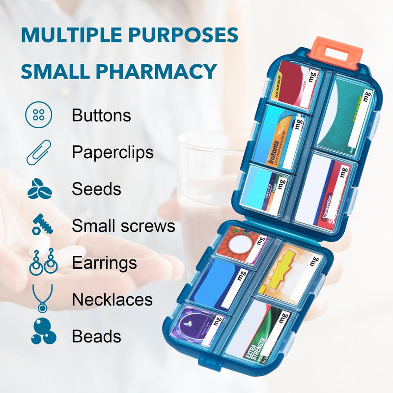 1 Pack 10 GRIDS Travel Pill Organizer Box with 189 Labels - Travel Medicine Case Kit - Pocket Daily Pharmacy Container - Travel Medication Holder Dispenser for Fish Oil Vitamin Supplement Storage Green