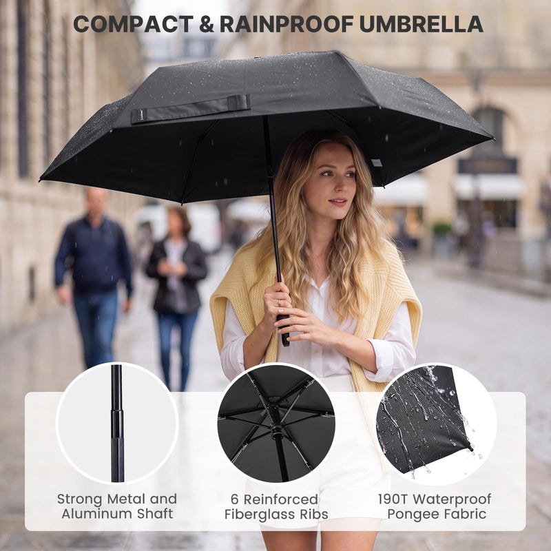 G4Free 46 Inch Mini Travel Umbrella with Retractable Handle Pocket Size Travel Umbrella with Ring Carabiner Handle, Automatic Open UV Protection