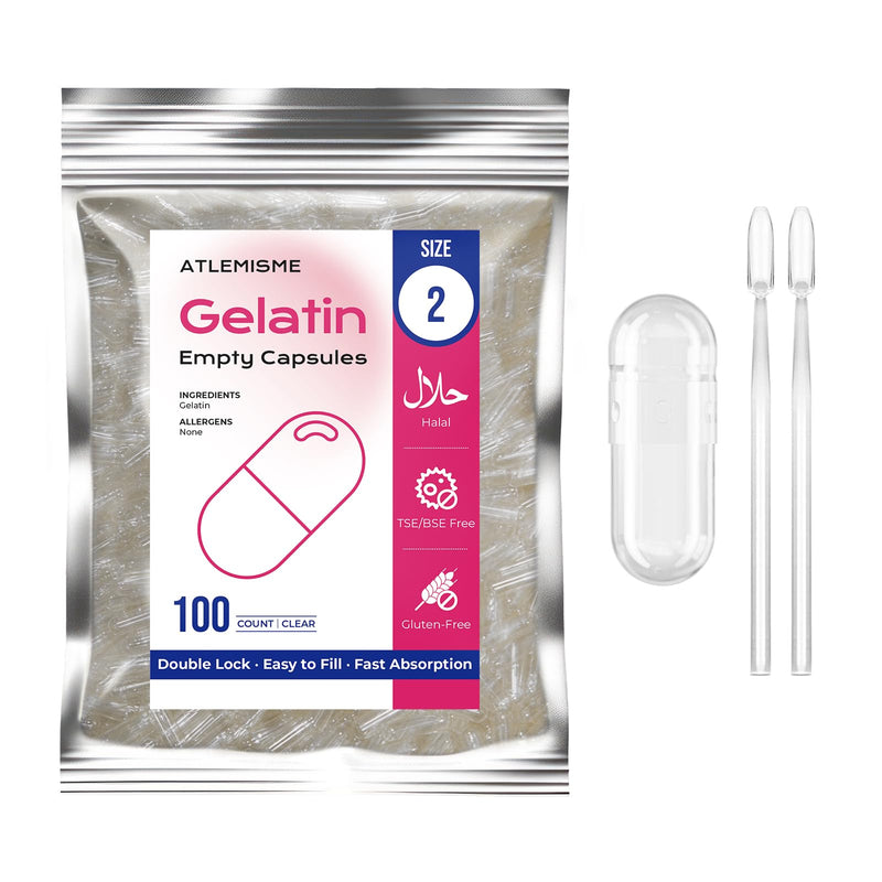 [Australia] - ATLEMISME Empty Gelatin Capsules Size 2-100 Pieces | Empty capsules to fill for dietary supplements with 2 micro spoons | High-quality, airtight capsules for capsule fillers, 100 pieces (pack of 1) 