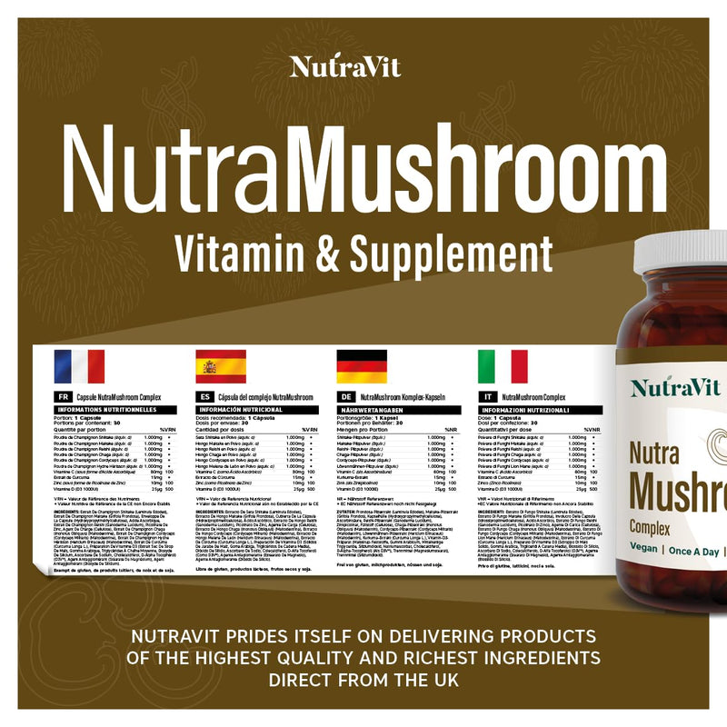 NutraMushroom - Comprehensive Mushroom Complex, with 6000mg of Shiitake, Maitake, Reishi, Chaga, Cordyceps and Lion’s Mane - with Added Vitamin C, D & Zinc - NutraVit, 30 Capsules